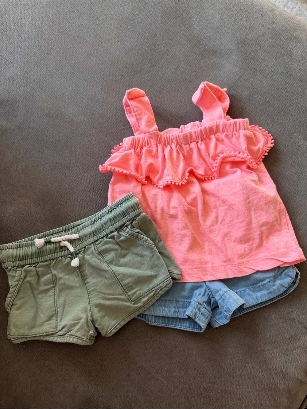 Carter’s & OshKosh Girls Pink Ruffle Tank with Green & Denim Shorts